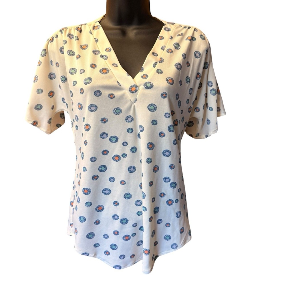 Vintage Revé Shirt Abstract Polka Dot V Neck Top M Short Sleeve Blouse Mod Retro